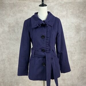 Women's Purple Belted Ruffle Collar Double Breasted Wool Blend Coat